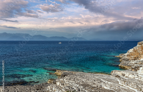 Wonderful summer seascape of Ionian Sea. Wonderful place for holiday. Amazing Greece. Picturesque colorful in Kefalonia island. Turquoise colored bay in Mediterranean sea. Amazing postcard.