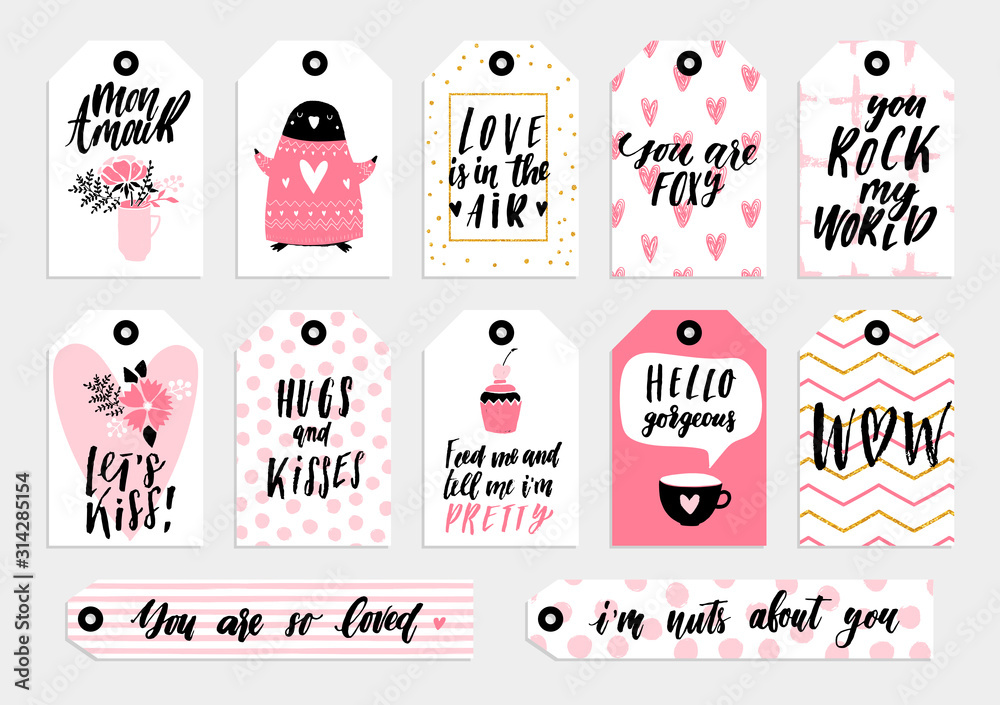 abstract black white pink and gold glitter textured colored valentine s day printable tags collection love heart holiday sticker kit vector illustration stock vector adobe stock