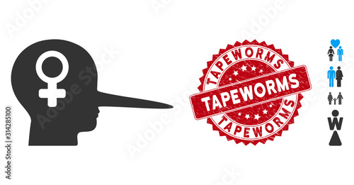 Vector female scammer icon and rubber round stamp seal with Tapeworms caption. Flat female scammer icon is isolated on a white background. Tapeworms stamp seal uses red color and rubber design.