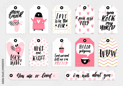 Abstract black, white, pink and gold glitter textured colored Valentine's Day printable tags collection. Love, heart, holiday sticker kit. Vector illustration.