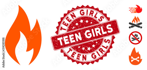 Vector fire flame icon and distressed round stamp watermark with Teen Girls caption. Flat fire flame icon is isolated on a white background. Teen Girls stamp seal uses red color and rubber surface.