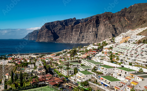 Santiago del Teide, Tenerife, Spain - December 23, 2019: Small resort of Los Gigantes known for the giant rock formations that go by the same name.