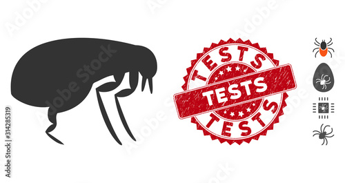 Vector flea icon and grunge round stamp watermark with Tests phrase. Flat flea icon is isolated on a white background. Tests stamp uses red color and grunge surface. Bonus icons are added.