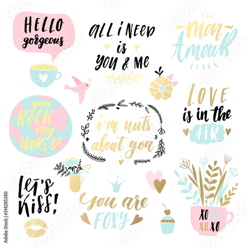 Abstract black  white  pink and gold glitter textured colored Valentine s Day printable tattoo lettering collection. Love  heart  holiday sticker kit. Vector illustration.