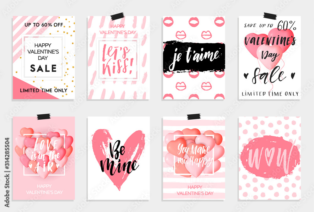 Happy Valentines day cards, posters, banners or social media post concept template. Cute pink designs for 14 February. Vector illustrations collection, EPS 10