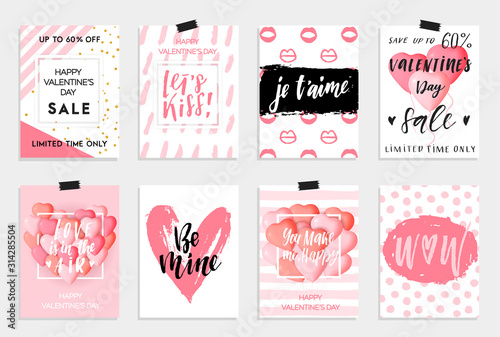 Happy Valentines day cards  posters  banners or social media post concept template. Cute pink designs for 14 February. Vector illustrations collection  EPS 10