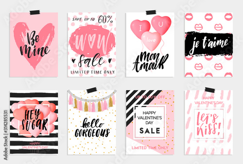 Happy Valentines day cards, posters, banners or social media post concept template. Cute pink designs for 14 February. Vector illustrations collection, EPS 10