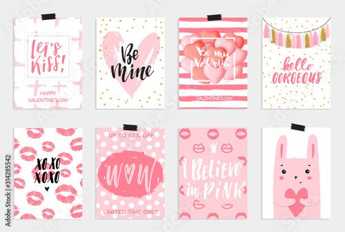 Happy Valentines day cards, posters, banners or social media post concept template. Cute pink designs for 14 February. Vector illustrations collection, EPS 10