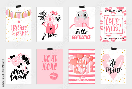 Happy Valentines day cards, posters, banners or social media post concept template. Cute pink designs for 14 February. Vector illustrations collection, EPS 10