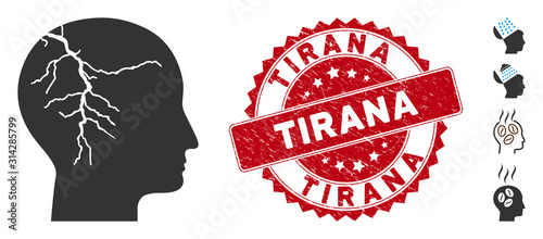 Vector head cancer icon and rubber round stamp seal with Tirana text. Flat head cancer icon is isolated on a white background. Tirana stamp seal uses red color and grunged texture.