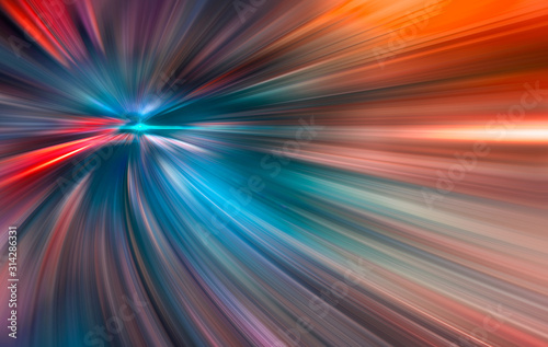 Abstract big data, speed, colorful fibers, rays background in orange and blue color. 3D tunnel illustration.