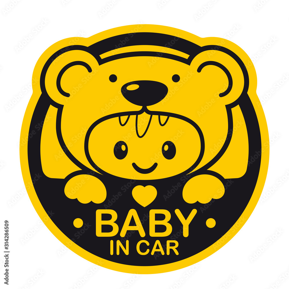 Vector yellow circle sign with baby in teddy bear costume and text - Baby in car. Isolated white background. Vector yellow circle sign with baby in teddy bear costume and text - Baby in car. Isolated white background.