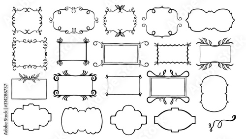 Vintage calligraphic frames set. Vector set on white background. Black  border of the invitation, diploma, certificate, postcard. Empty blank and place for text.