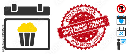 Vector national popcorn day icon and corroded round stamp watermark with United Kingdom, Liverpool text. Flat national popcorn day icon is isolated on a white background. United Kingdom,