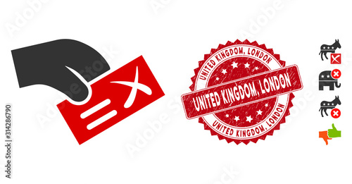 Vector negative vote icon and rubber round stamp seal with United Kingdom, London text. Flat negative vote icon is isolated on a white background. United Kingdom, photo