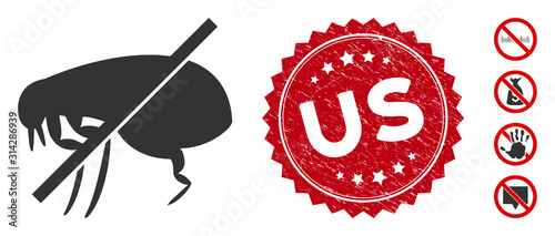 Vector no fleas icon and corroded round stamp seal with Us phrase. Flat no fleas icon is isolated on a white background. Us stamp seal uses red color and distress surface. Bonus icons are added.