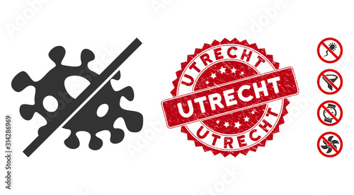 Vector no infection icon and grunge round stamp seal with Utrecht phrase. Flat no infection icon is isolated on a white background. Utrecht seal uses red color and grunge surface.