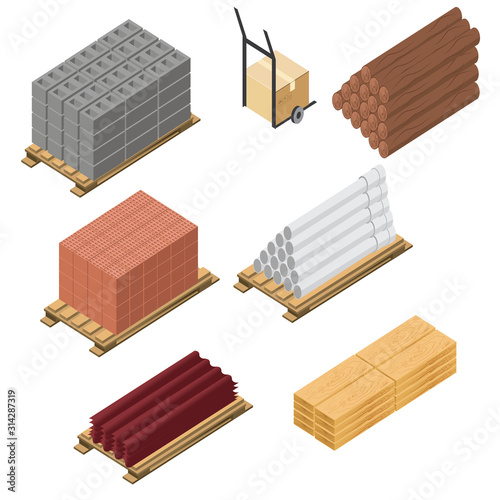 Construction materials isometric icon set, concrete products, bricks, aerated concrete blocks, roofing and insulating materials, vector graphic illustration