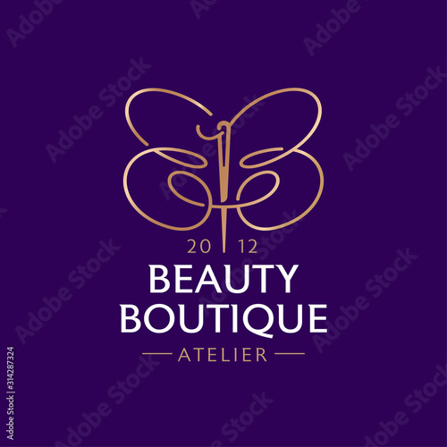 Beauty Boutique logo. Double B like a butterfly with needle and thread. Atelier emblem. Fashion icon.