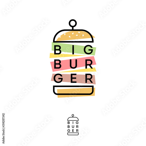 Big Burger logo. Burger restaurant emblem like applique. Linear flat logo with color elements cut out. Big burger and letters.