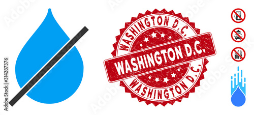 Vector no water drop icon and corroded round stamp seal with Washington D.C. phrase. Flat no water drop icon is isolated on a white background. Washington D.C.