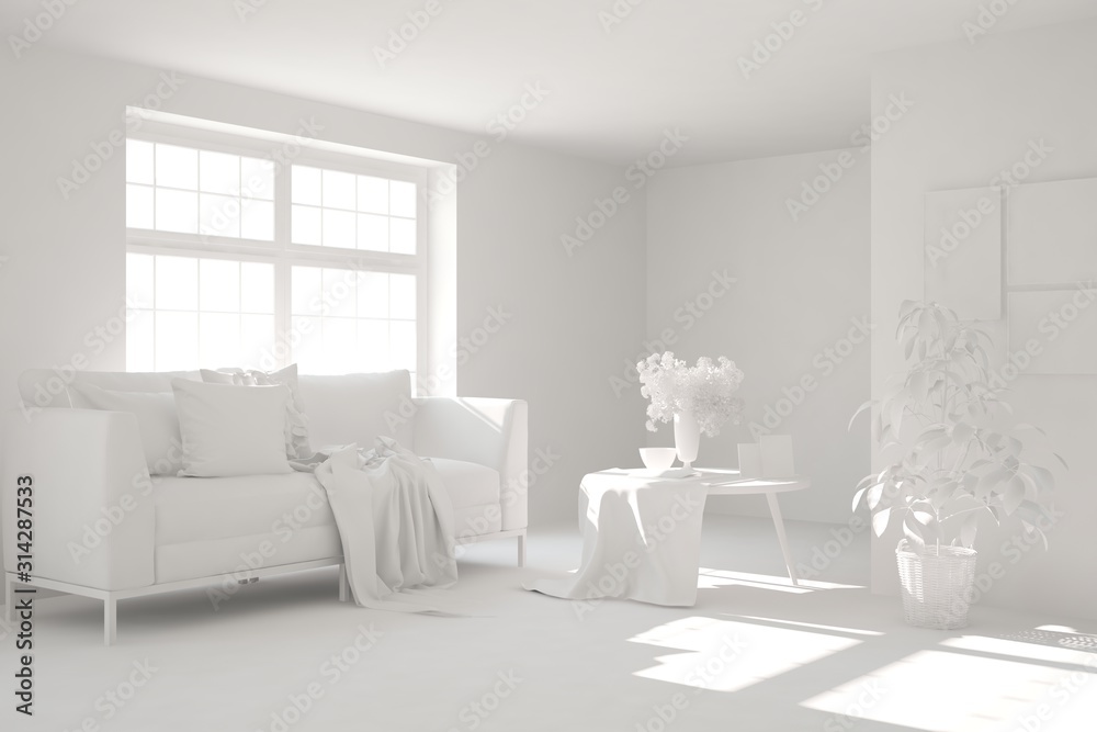 Mock up of stylish room in white color with sofa. Scandinavian interior design. 3D illustration Mock up of stylish room in white color with sofa. Scandinavian interior design. 3D illustration