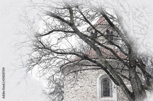 abstract architecture sketch style image of ancient house and bare trees © tomertu