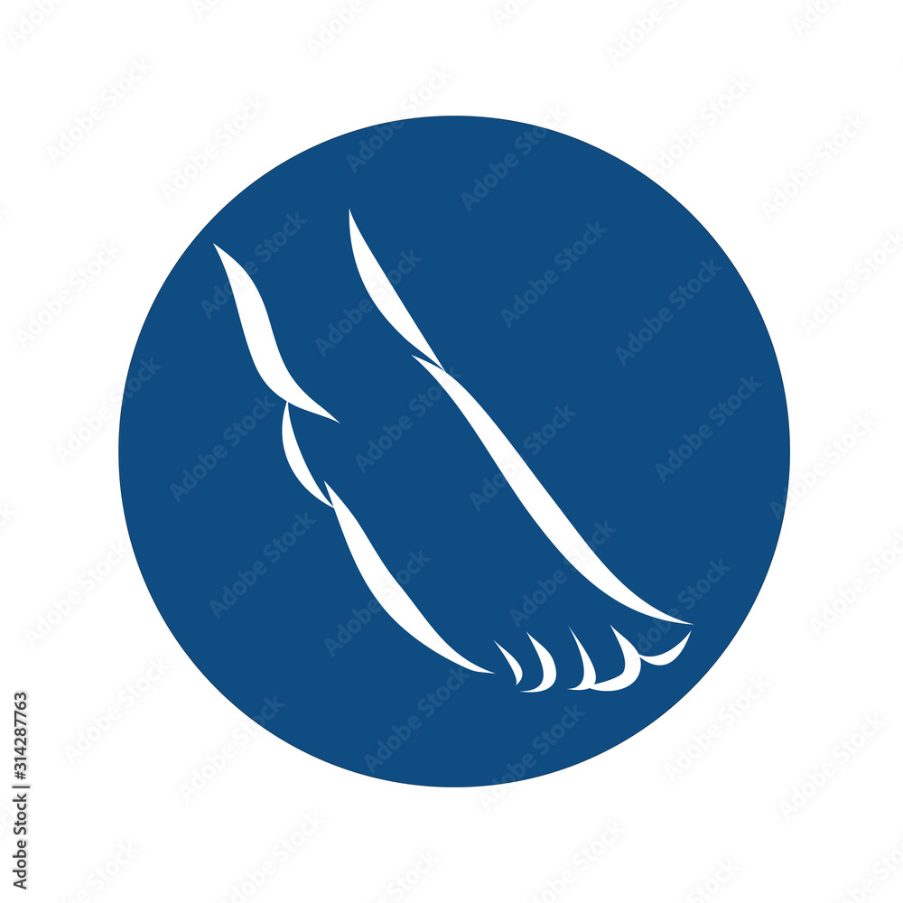 Round icon with white silhouette of a bare foot on a blue background. Female graceful leg. Vector illustration. Round icon with white silhouette of a bare foot on a blue background. Female graceful leg. Vector illustration.