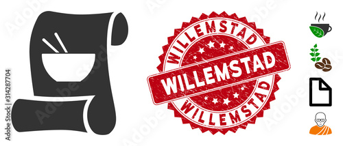 Vector original asian recipe icon and rubber round stamp seal with Willemstad phrase. Flat original asian recipe icon is isolated on a white background.