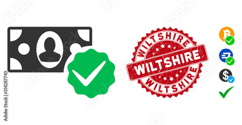 Vector paid in full icon and distressed round stamp watermark with Wiltshire phrase. Flat paid in full icon is isolated on a white background. Wiltshire stamp seal uses red color and grunge design.