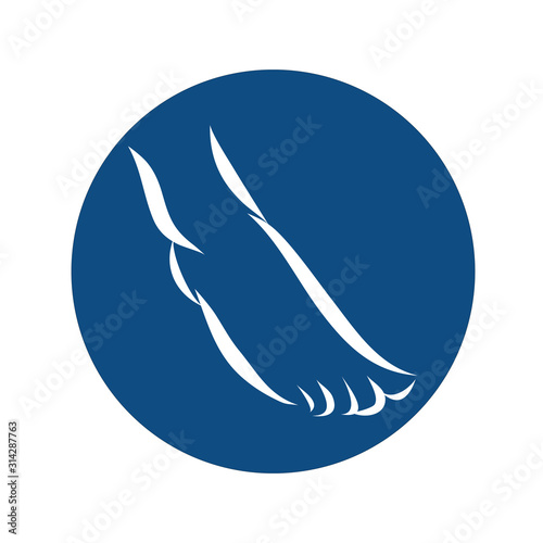 Round icon with white silhouette of a bare foot on a blue background. Female graceful leg. Vector illustration.