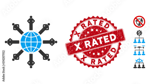 Vector planetary society icon and rubber round stamp seal with X Rated caption. Flat planetary society icon is isolated on a white background. X Rated stamp uses red color and grunged surface.