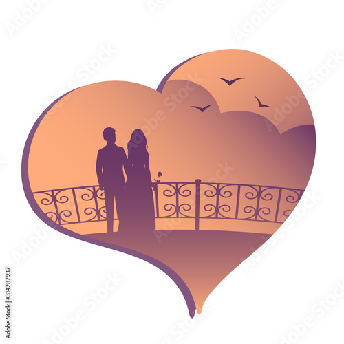 Silhouette of a couple in love on the evening promenade with seagulls. Heart shaped romantic background. Vector illustration.