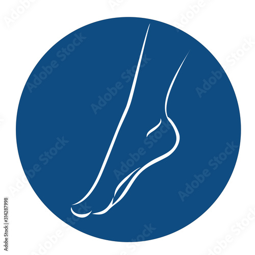 Round icon with white silhouette of a bare foot on a blue background. Female graceful leg. Vector illustration.