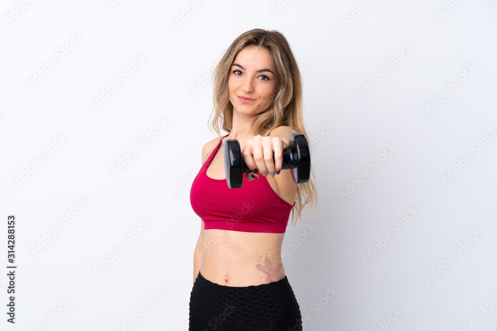 Young sport woman over isolated white background making weightlifting