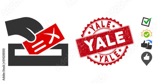 Vector protest poll icon and corroded round stamp seal with Yale caption. Flat protest poll icon is isolated on a white background. Yale stamp seal uses red color and dirty design.