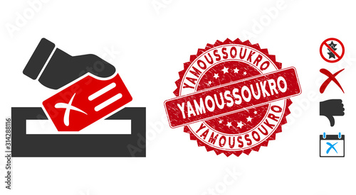 Vector protest vote icon and grunge round stamp seal with Yamoussoukro caption. Flat protest vote icon is isolated on a white background. Yamoussoukro stamp seal uses red color and rubber surface.