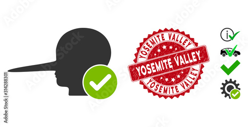 Vector real liar icon and rubber round stamp watermark with Yosemite Valley text. Flat real liar icon is isolated on a white background. Yosemite Valley stamp uses red color and scratched surface.