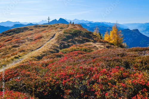 Peaceful autumn Alps mountain sunny view from hiking path from Dorfgastein to Paarseen lakes, Land Salzburg, Austria. photo