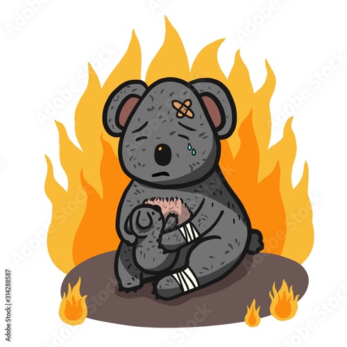 Photography Cartoon style painting, Koala mother and baby injured due to wildfire