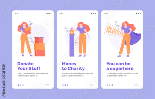 Helping others, gratuitous assistance, aid, volunteering and charity. Clothes and money donation, food bank for homeless. Landing page concept template.