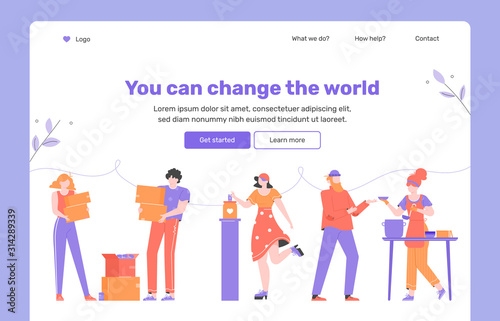 Helping others, gratuitous assistance, aid, volunteering and charity. Clothes and money donation, food bank for homeless. Landing page concept template.