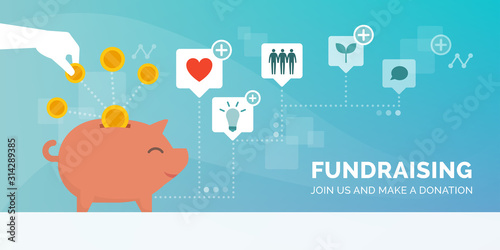 Fundraising promotional advertisement with piggy bank