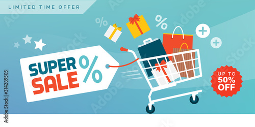 Online shopping promotional sale banner with full shopping cart