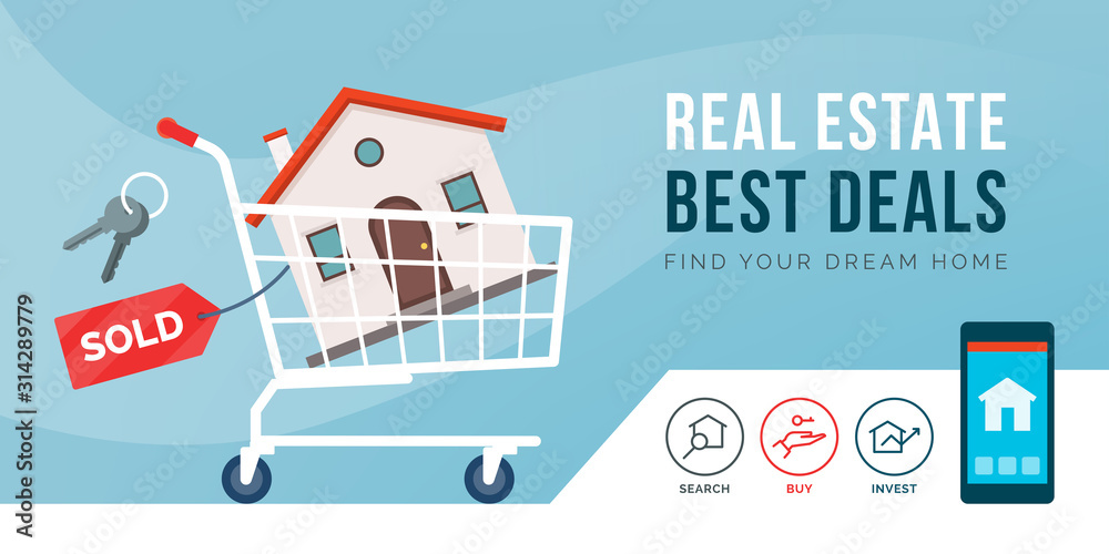 Real estate promotional advertisement with shopping cart
