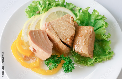 Tuna chunk on white plate.