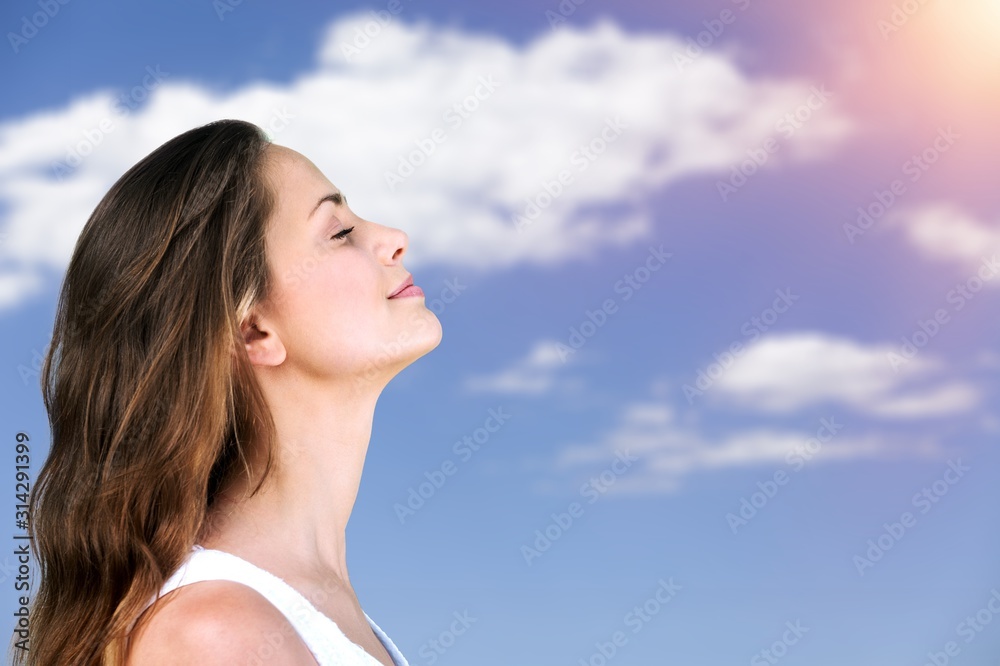 Happy smile woman on sky background Happy smile woman on sky background