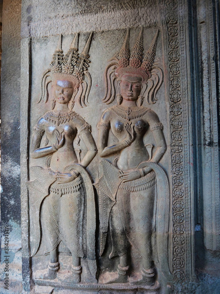 Stone rock carving art decoration ruin of ancient temple complex Angkor Wat in Siem Reap, Cambodia