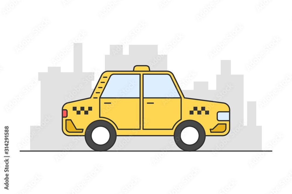 Flat style taxi car with city landscape behind isolated on white background. Side view cartoon vector illustration.