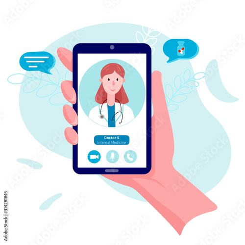 Illustration Using Tablet Consultation with Doctor. Vector Image Woman White Medical Gown with Monitor Screen Tablet Holds Prescription for Treating Disease. Online Consultation, Medical Pediatrician